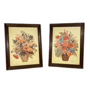 Two Framed Lithograph Art Floral Baskets Artist Gloria Eriksen Vtg Wall Decor